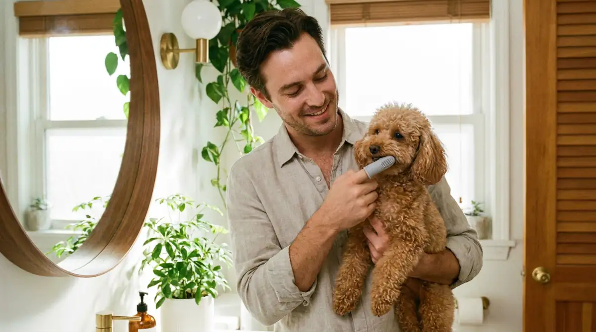 Владелец чистит зубы карликовому пуделю силиконовым напальчником