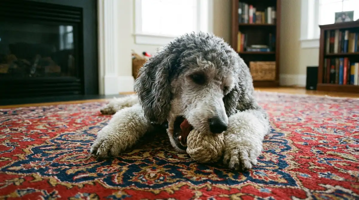 Серебряный стандартный пудель грызет мячик на персидском ковру