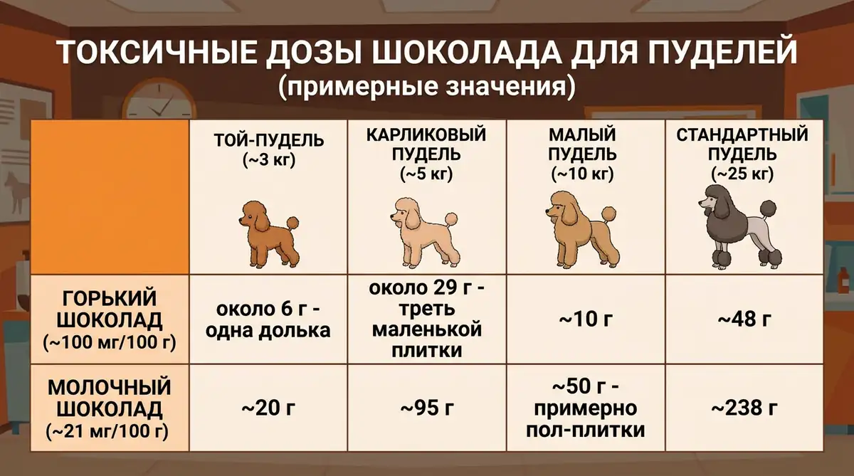 Таблица токсичных доз шоколада для той-, карликового, малого и стандартного пуделя