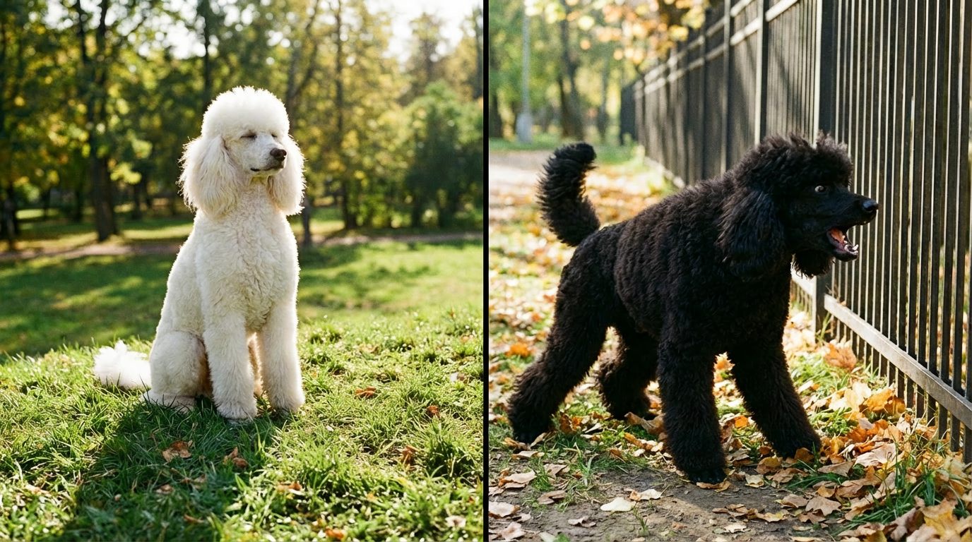 Сравнение спокойного пуделя и пуделя в состоянии тревожного лая