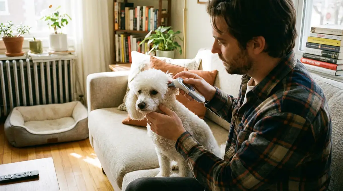 Измерение температуры белого малого пуделя ушным термометром дома хозяином