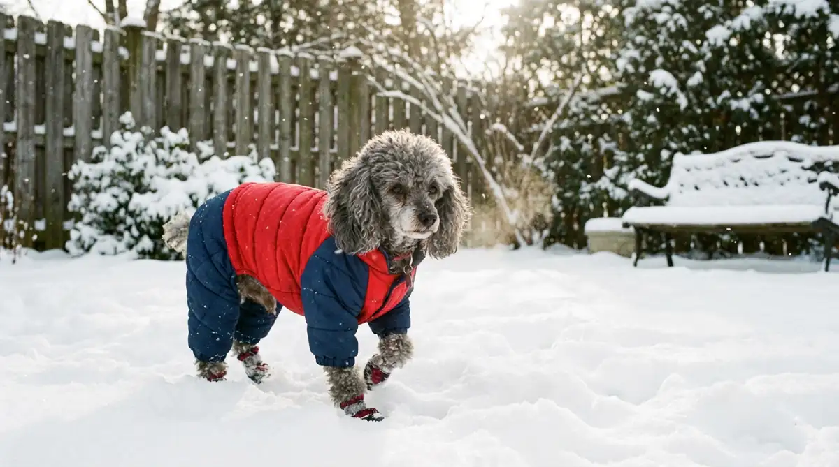 Пожилой той-пудель в зимнем утеплённом комбинезоне на прогулке во дворе