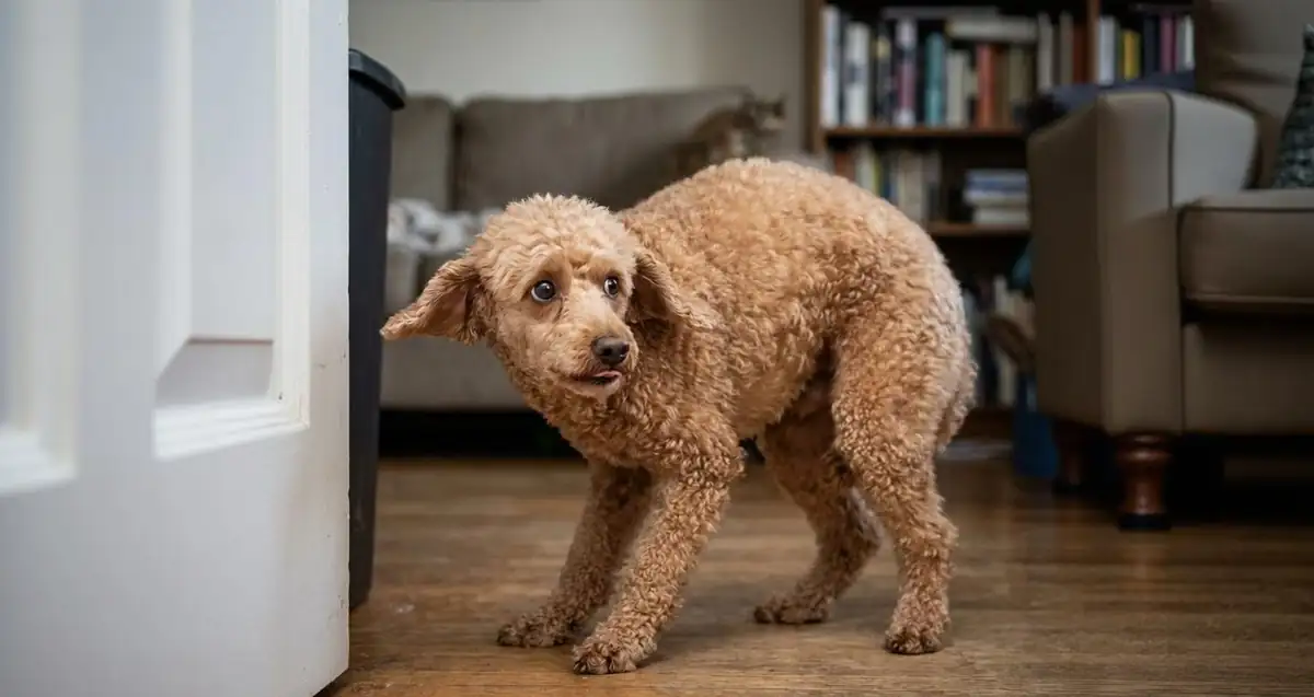 Пудель с прижатыми ушами проявляет признаки тревоги - типичная реакция несоциализированной собаки на незнакомый раздражитель
