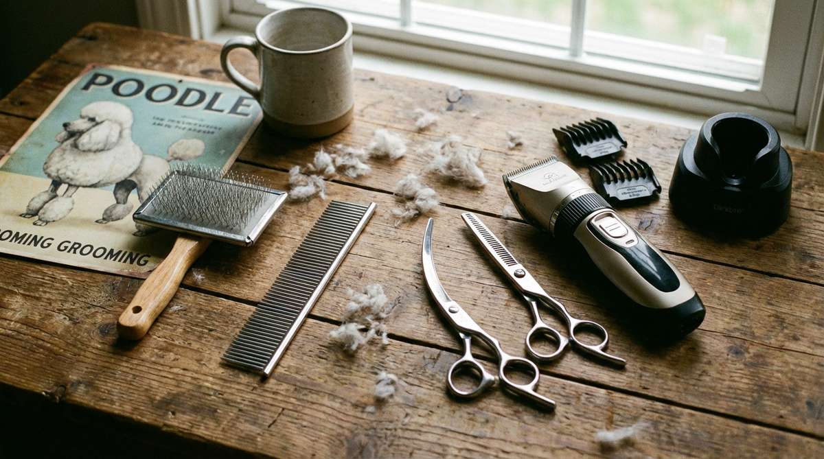 Набор инструментов для груминга пуделя: пуходёрка, расчёска, ножницы, машинка - на столе