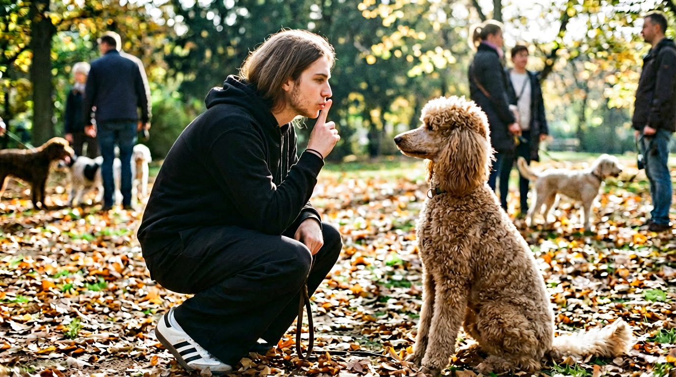 Дрессировка пуделя команде тихо, владелец показывает жест рукой