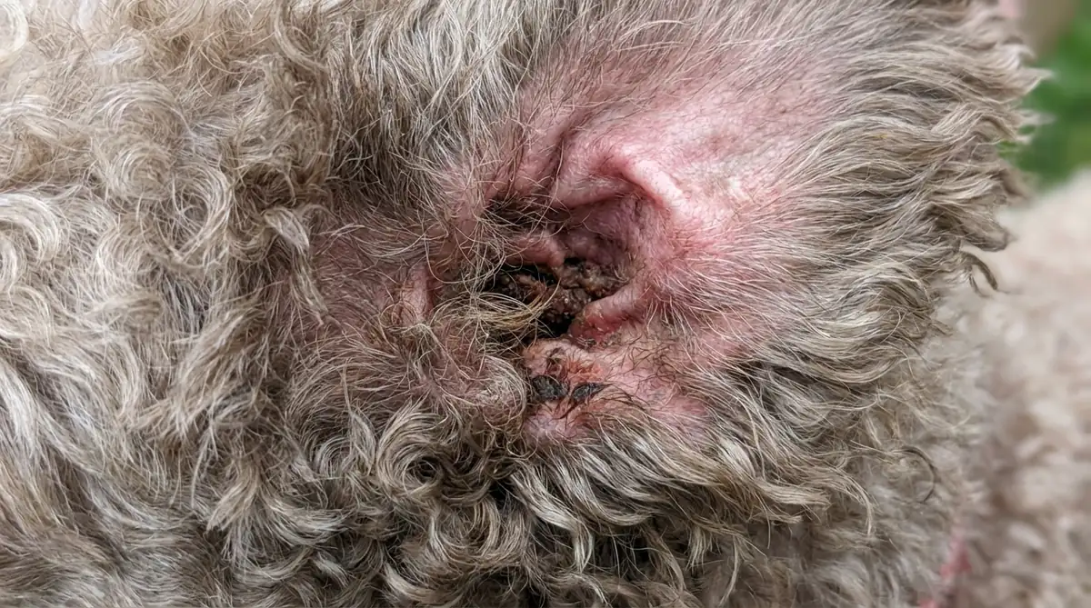 Ушной канал пуделя с густой шерстью, затрудняющей вентиляцию и естественное отделение серы