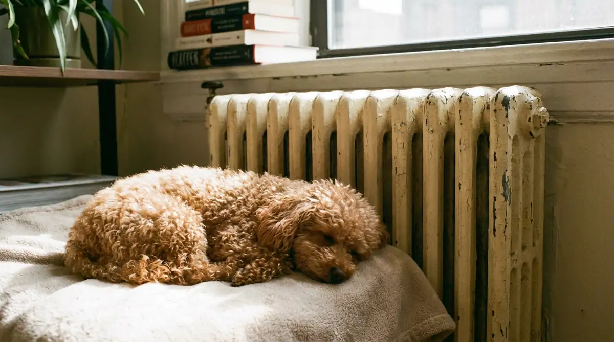 Карликовый пудель спит рядом с батареей отопления зимой - сухой воздух частая причина сухого носа