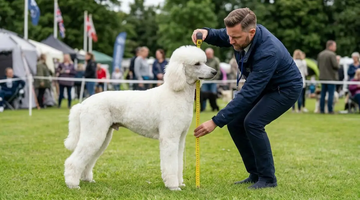 Пудель стоит в естественной стойке на ровной поверхности боком к зрителю, а человек рядом измеряет его рост рулеткой строго вертикально от пола до холки