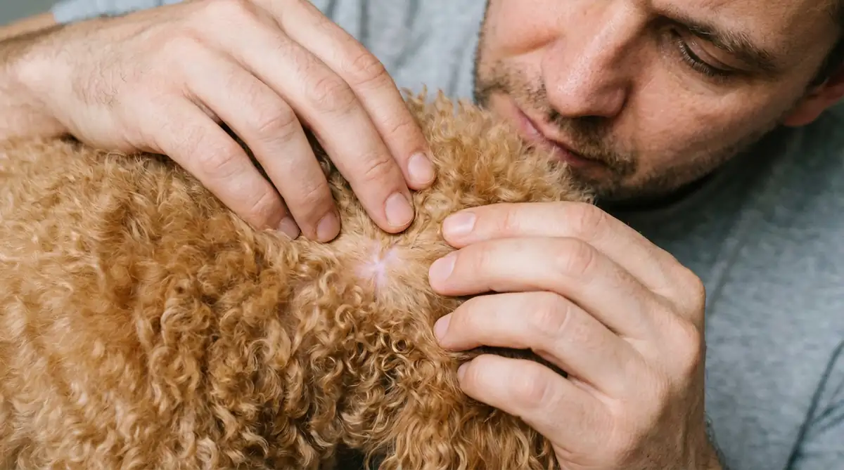 Хозяин раздвигает шерсть абрикосовому малому пуделю и смотрит состояние кожи - крупный план