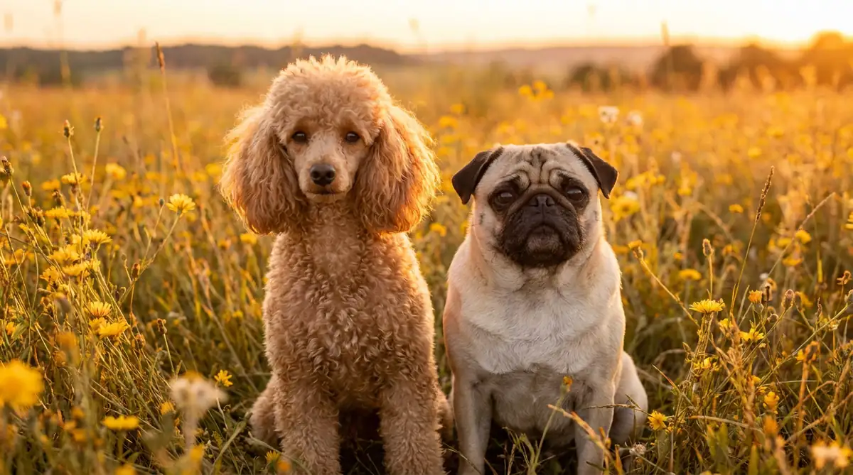 Абрикосовый малый пудель и мопс сидят рядом