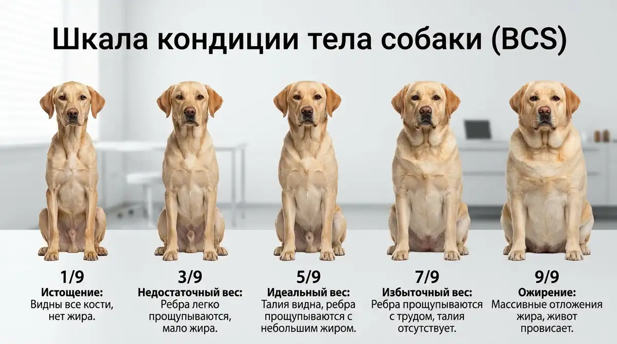 Шкала кондиции тела собаки (BCS) - от истощения до ожирения