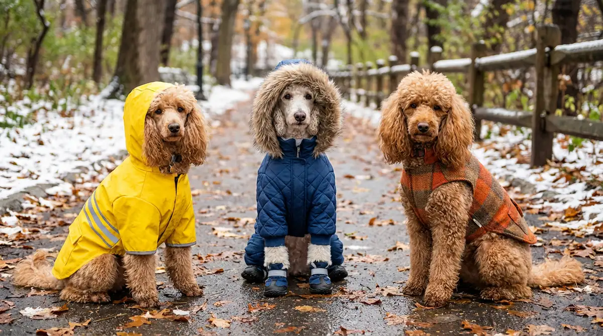 Дождевик из плащовки, утеплённый зимний комбинезон и осенний жилет для пуделя