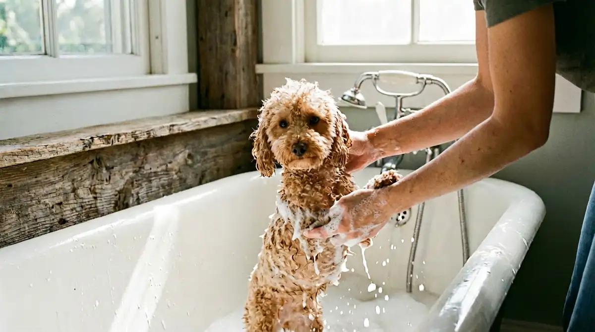 Мытьё карликового пуделя в ванной с шампунем - регулярное купание снижает уровень аллергена Can f1 на шерсти