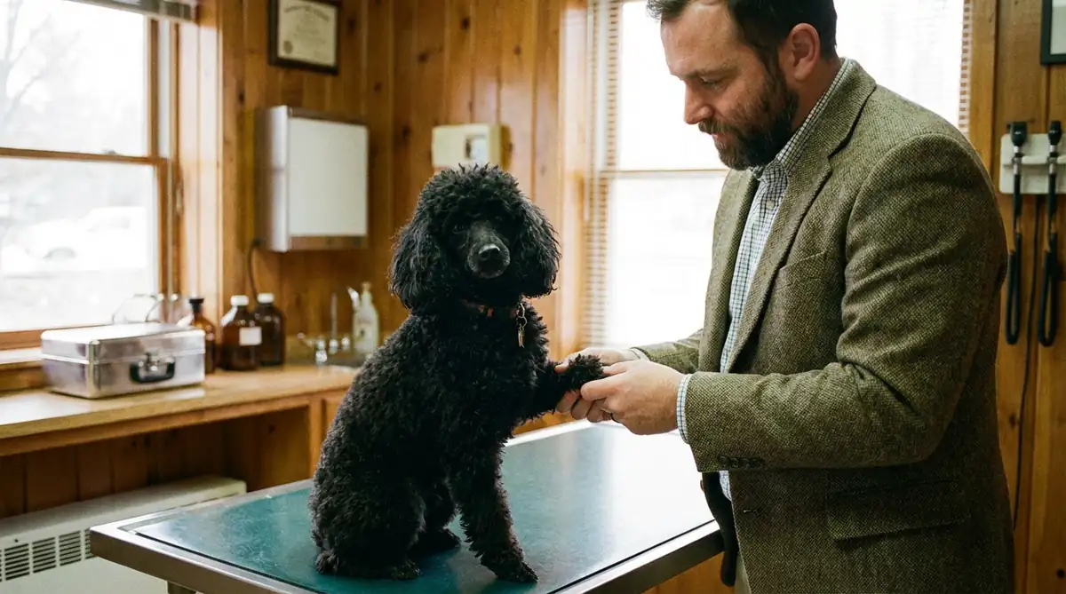 Черный карликовый пудель на осмотре у ветеринара