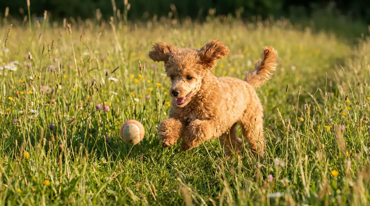 Щенок карликового пуделя играет на траве без поводка - безопасная нагрузка для формирующихся суставов