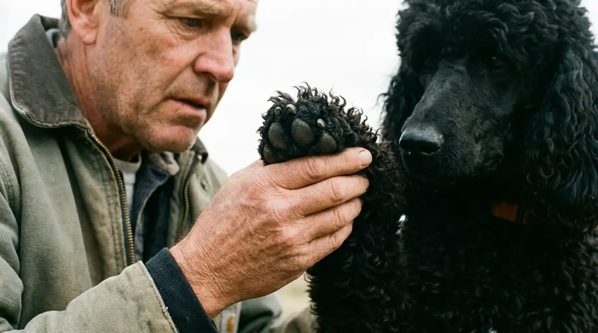 Мужчина осматривает лапу черного стандартного пуделя