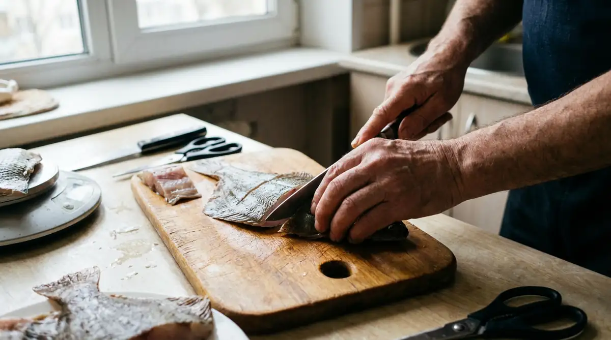 Крупный план мужских рук: разделка камбалы на кусочки в квартире на кухне