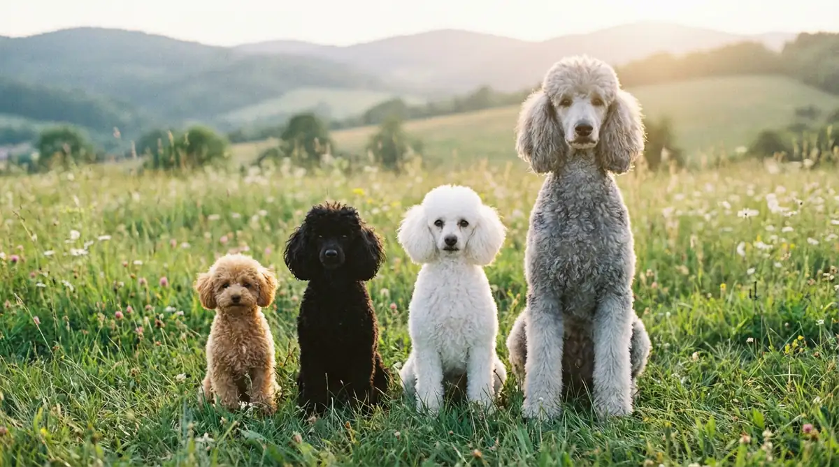 Четыре пуделя в ряд: той, миниатюрный, малый, стандартный