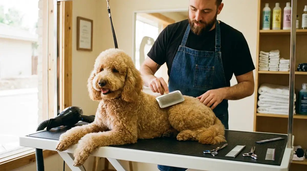 Пудель спокойно лежит на грумерском столе во время расчёсывания - результат приучения к процедурам с щенячьего возраста