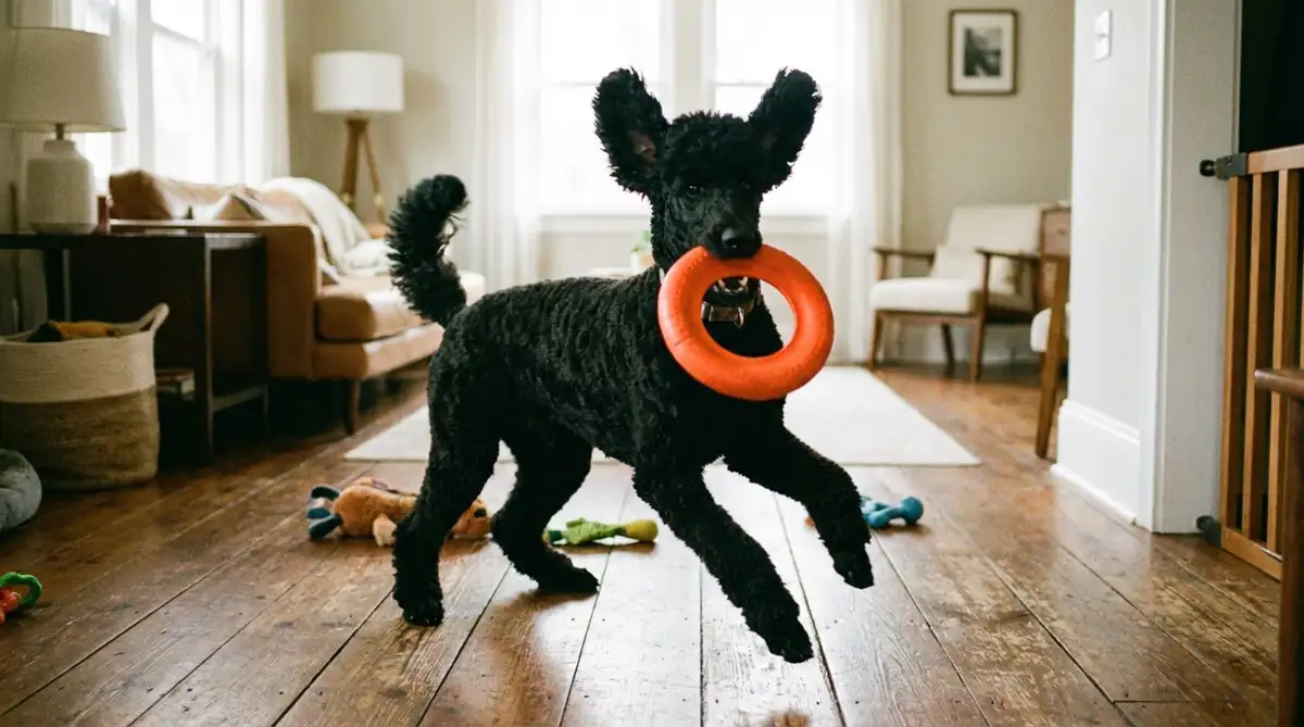 Королевский черный пудель активно играет с игрушкой - аргумент против мифа о потере характера после кастрации