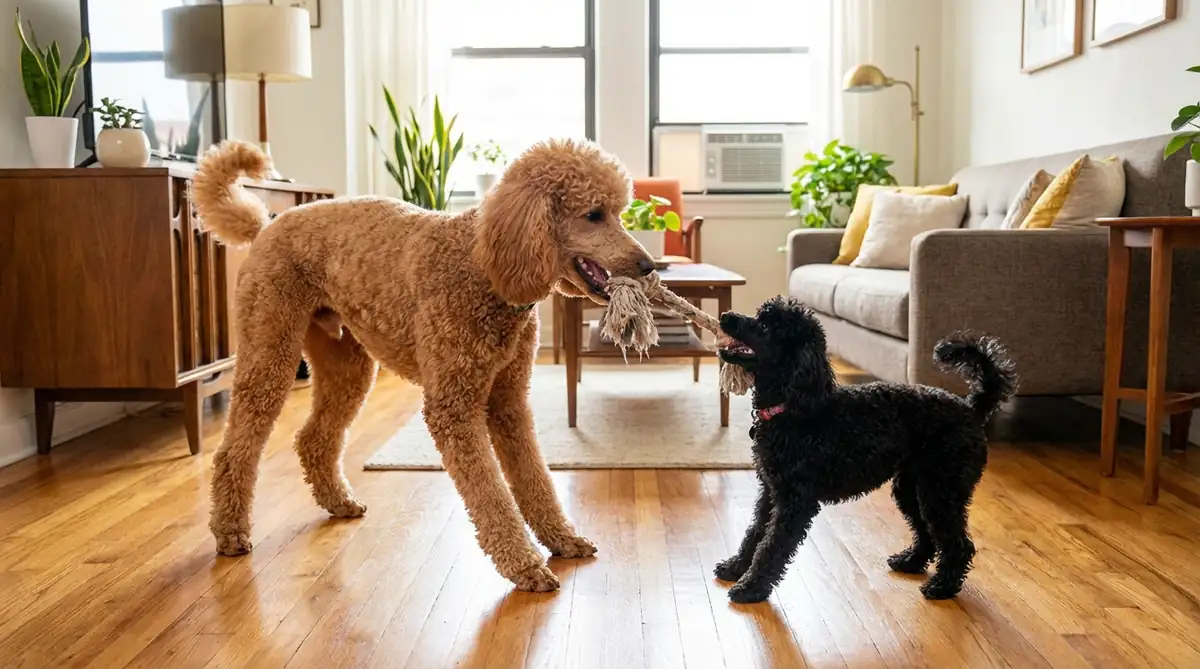 Королевский абрикосовый пудель и черный малый пудель перетягивают игрушку в квартире