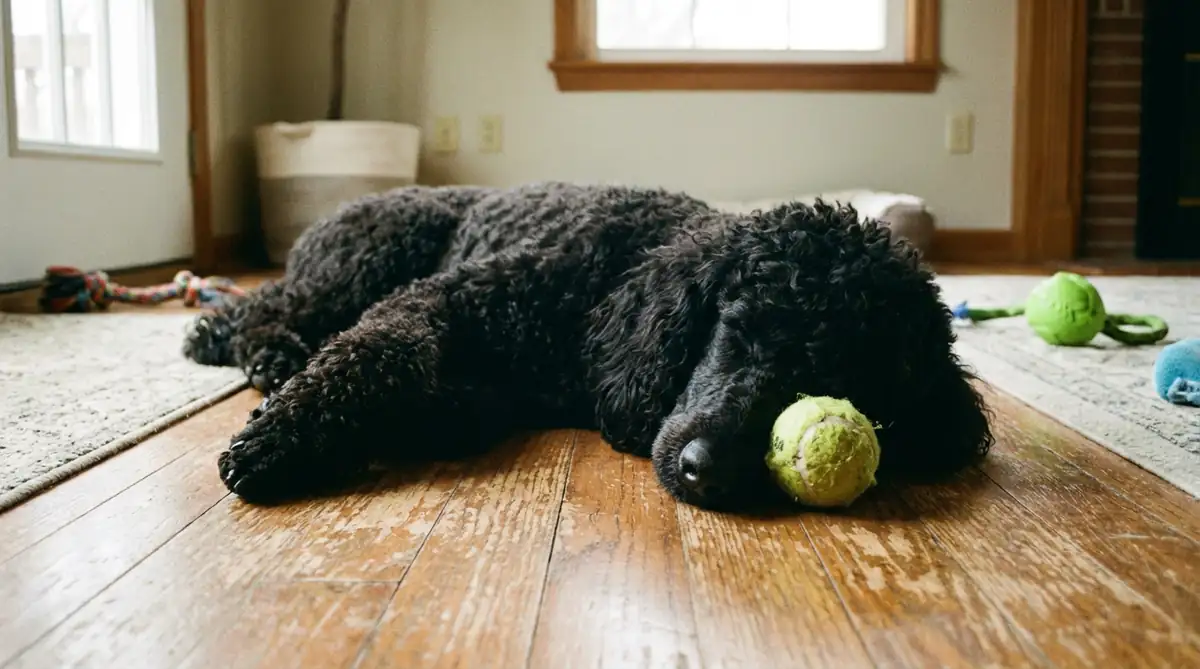 Черный стандартный пудель спит на полу рядом с собачьим мячиком