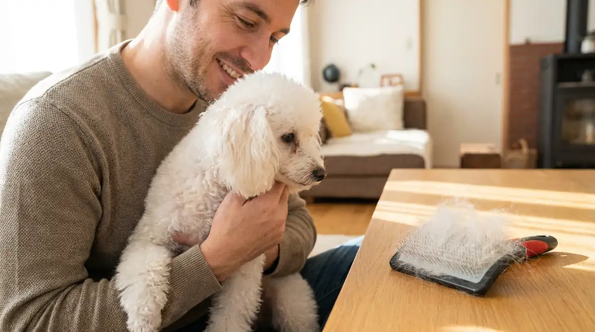 Белый карликовый пудель на руках у хозяина, рядом пуходерка с заметным количеством вычесанной шерсти