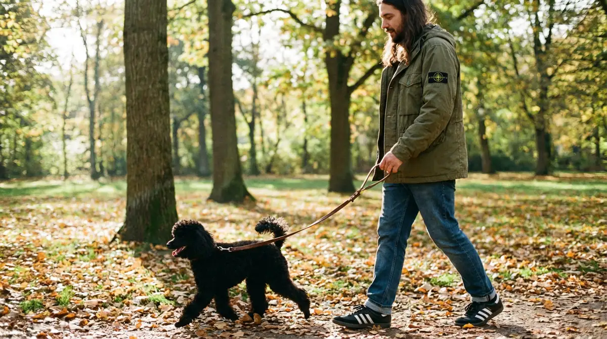 Малый чёрный пудель на прогулке в парке со своим хозяином