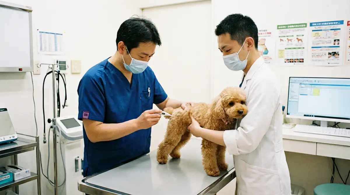 Ректальное измерение температуры абрикосового карликового пуделя на приеме у ветеринара