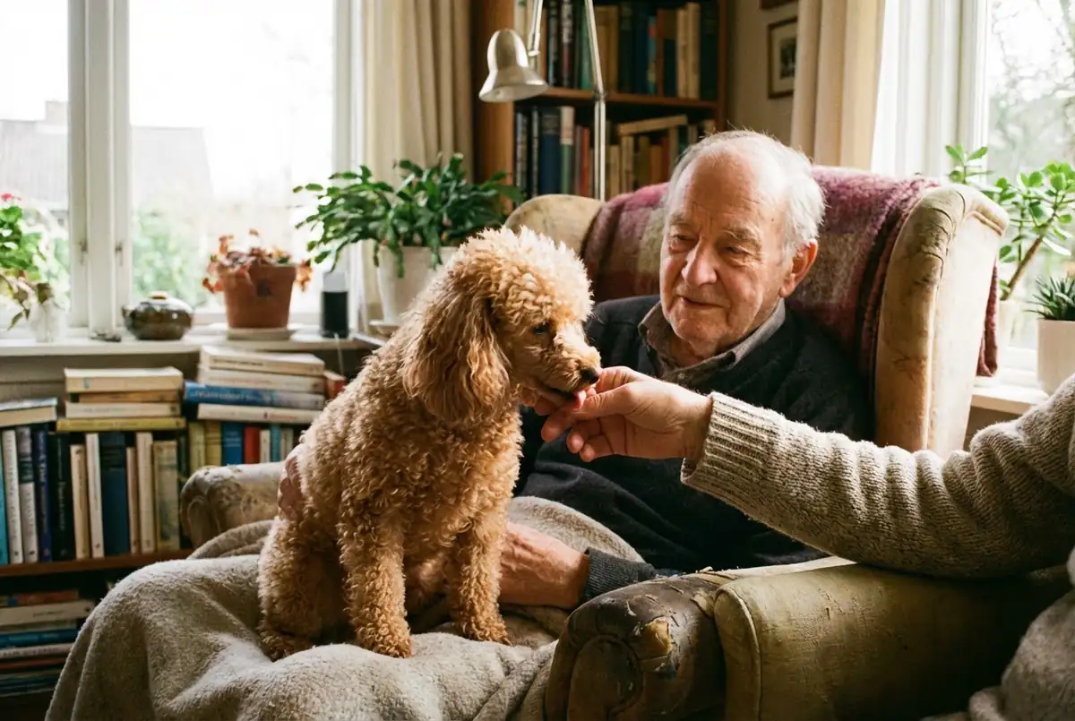 Карликовый пудель лижет руку хозяина — нормальное аффилиативное поведение, не породная черта