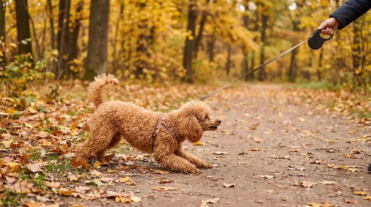 Карликовый пудель тянет поводок на прогулке