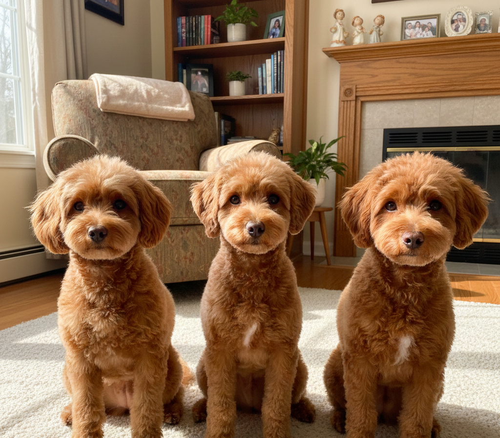 Три абрикосовых пуделя сидят в ряд в комнате, спокойные, с чистыми и здоровыми глазами, домашняя обстановка.