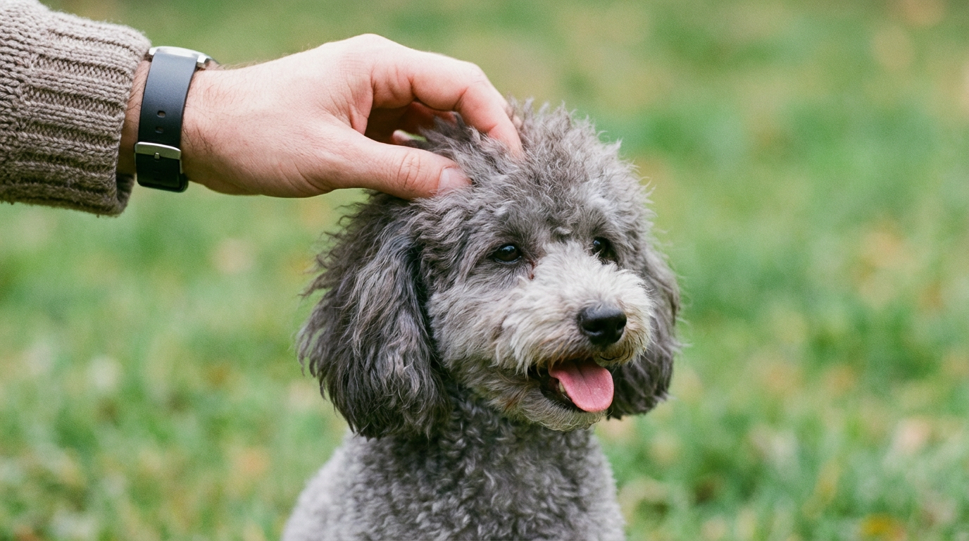 Хозяйская рука гладит серебряного пуделя
