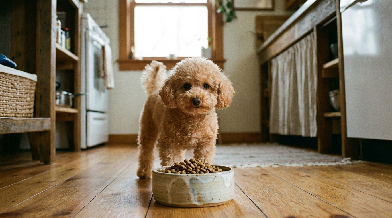 Той-пудель абрикосового окраса стоит перед керамической миской, наполненной готовым сухим кормом, во время обычного приема пищи