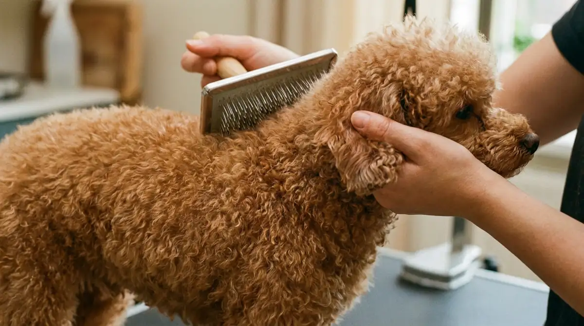 Карликовый пудель во время расчёсывания пуходёркой, видна кудрявая структура шерсти