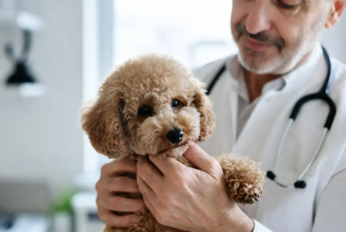 Карликовый пудель на осмотре у ветеринара при подозрении на гастрит