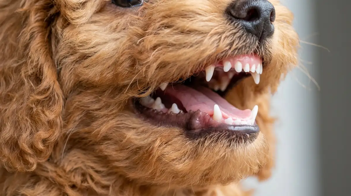 Молочные зубы у щенка той-пуделя абрикосового окраса в возрасте 3 месяцев, крупный план пасти