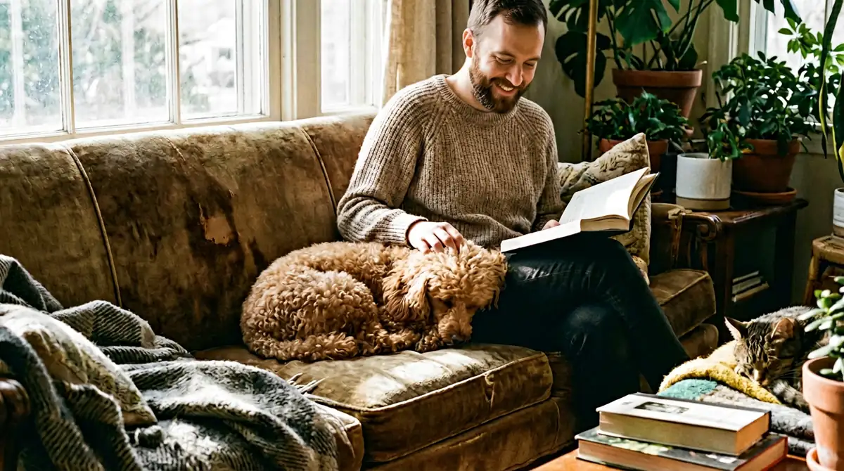 Карликовый пудель абрикосового окраса отдыхает на диване рядом с владельцем — пример совместного проживания аллергика с пуделем