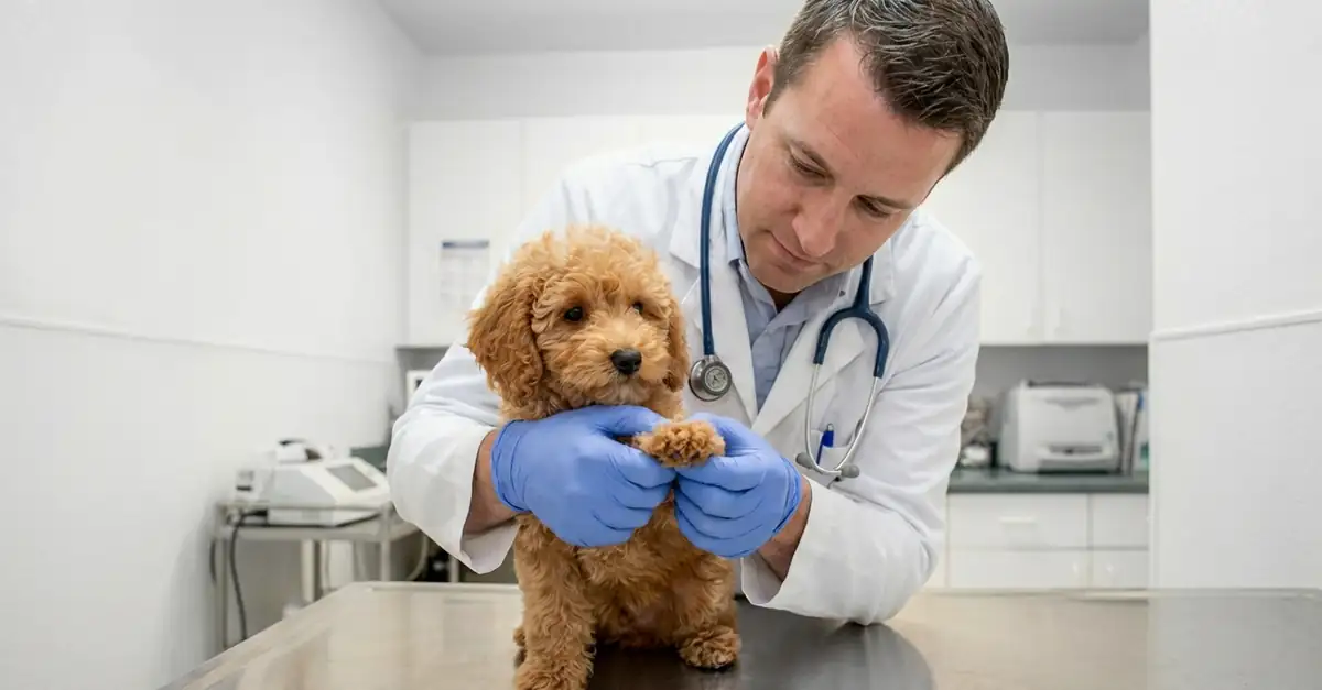 Щенок той-пуделя на ветеринарном осмотре перед вакцинацией — врач проверяет состояние здоровья