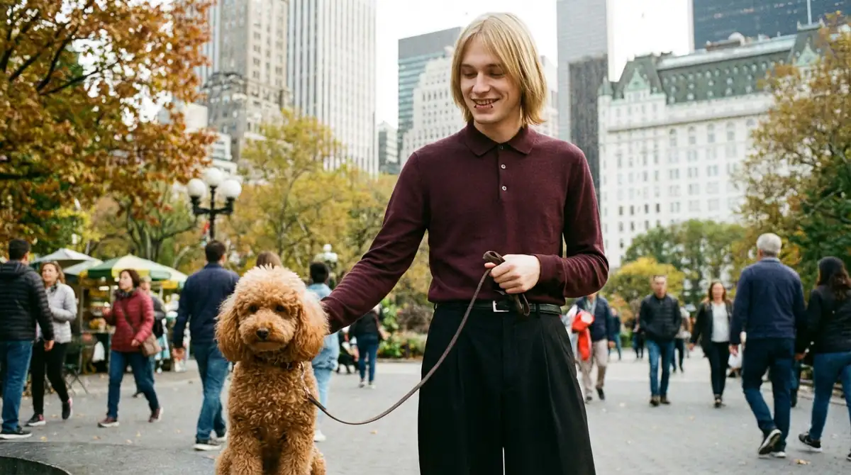 Той-пудель на  прогулке в городском парке