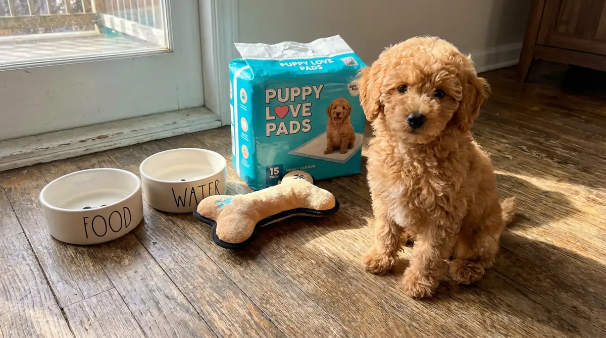Набор первых покупок для щенка пуделя — миски, пелёнки и мягкая игрушка на полу рядом со щенком абрикосового окраса