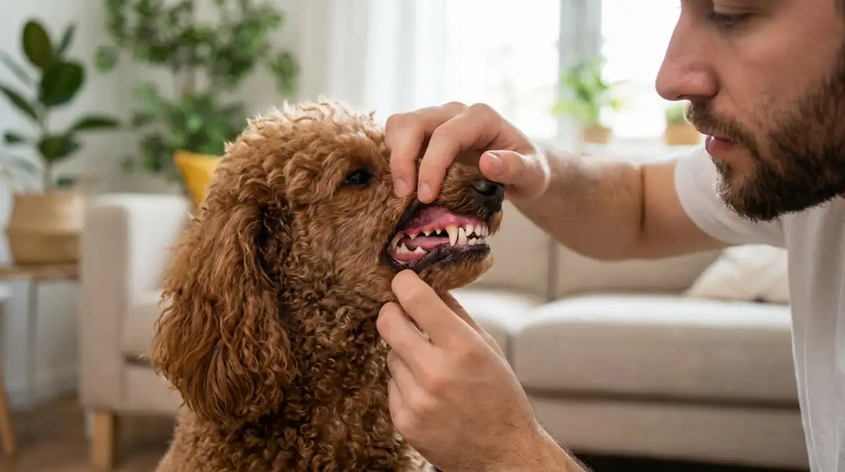 Проверка капиллярного наполнения дёсен у пуделя при подозрении на отравление