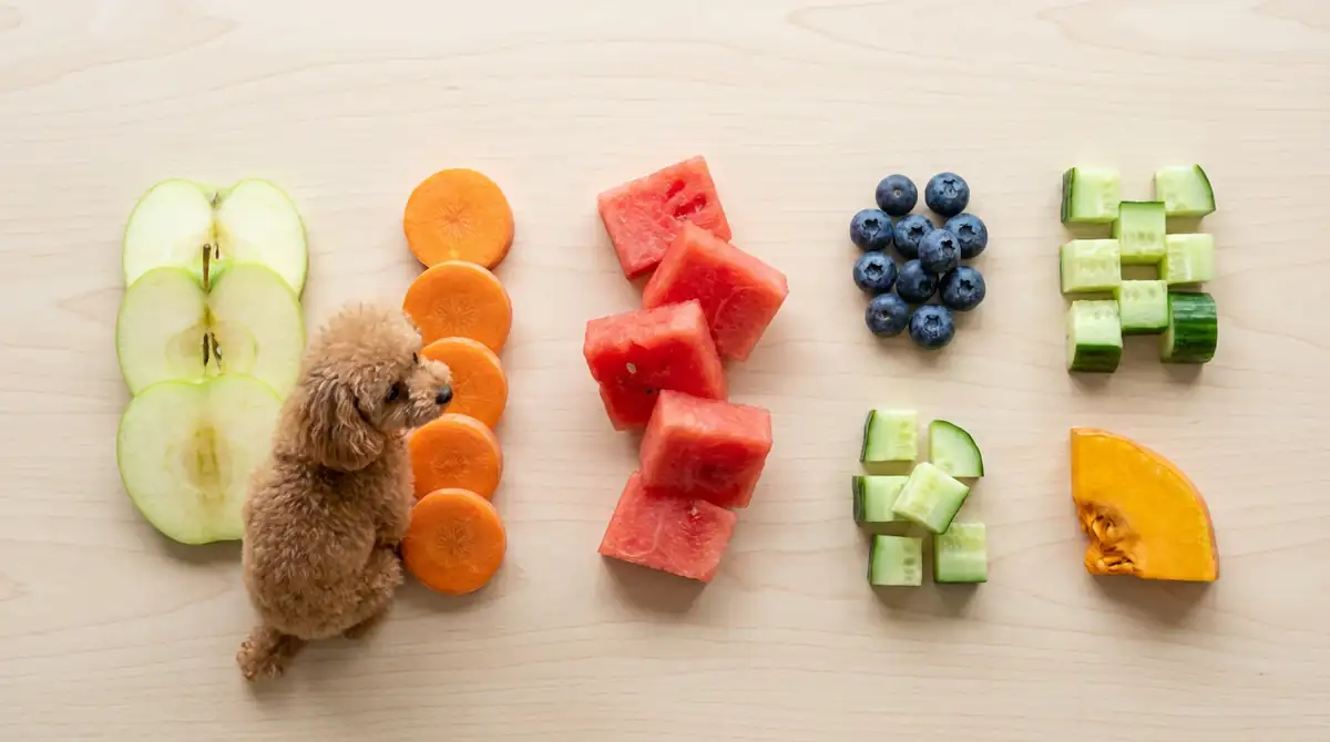 Той-пудель смотрит на нарезанные овощи и фрукты: яблоко, морковь, арбуз, чернику и огурец на деревянном столе