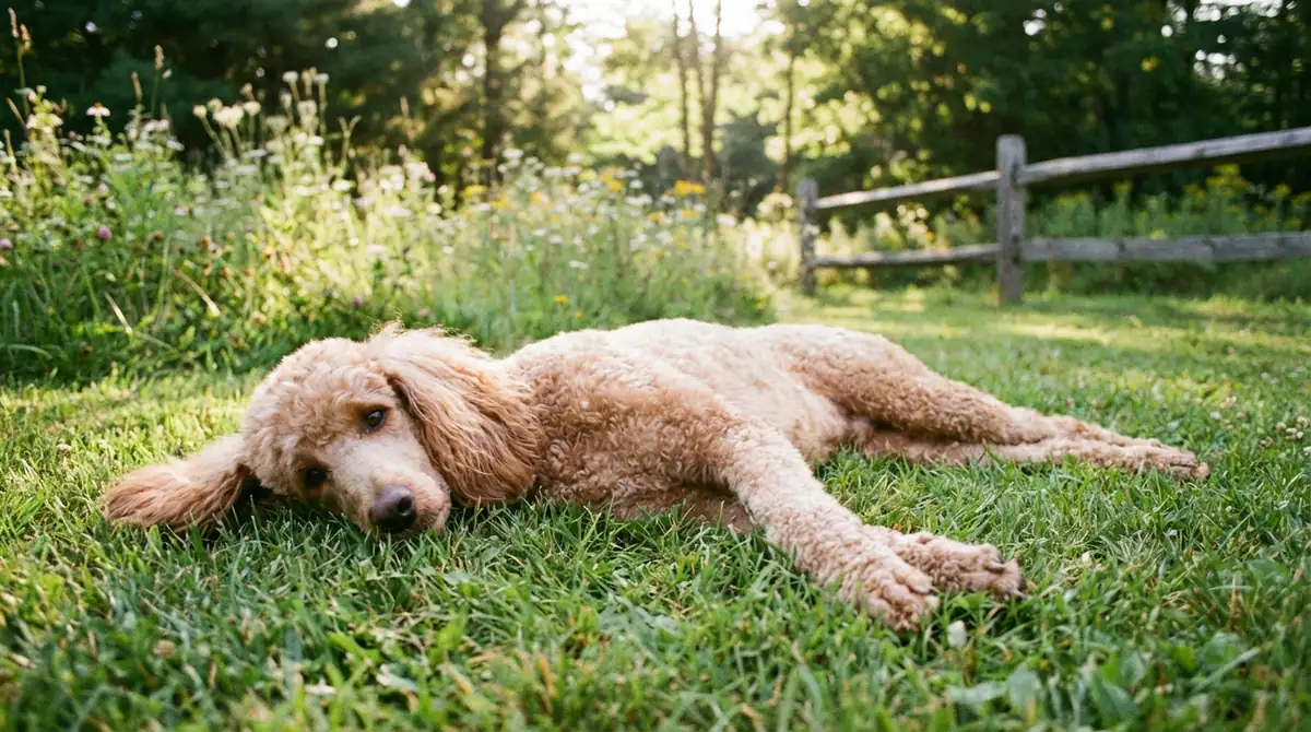 Стандартный пудель в расслабленной позе — лежит, смотрит спокойно, уши мягкие, поза открытая.