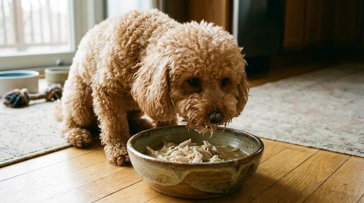 Абрикосовый карликовый пудель ест вареную курицу из керамической миски