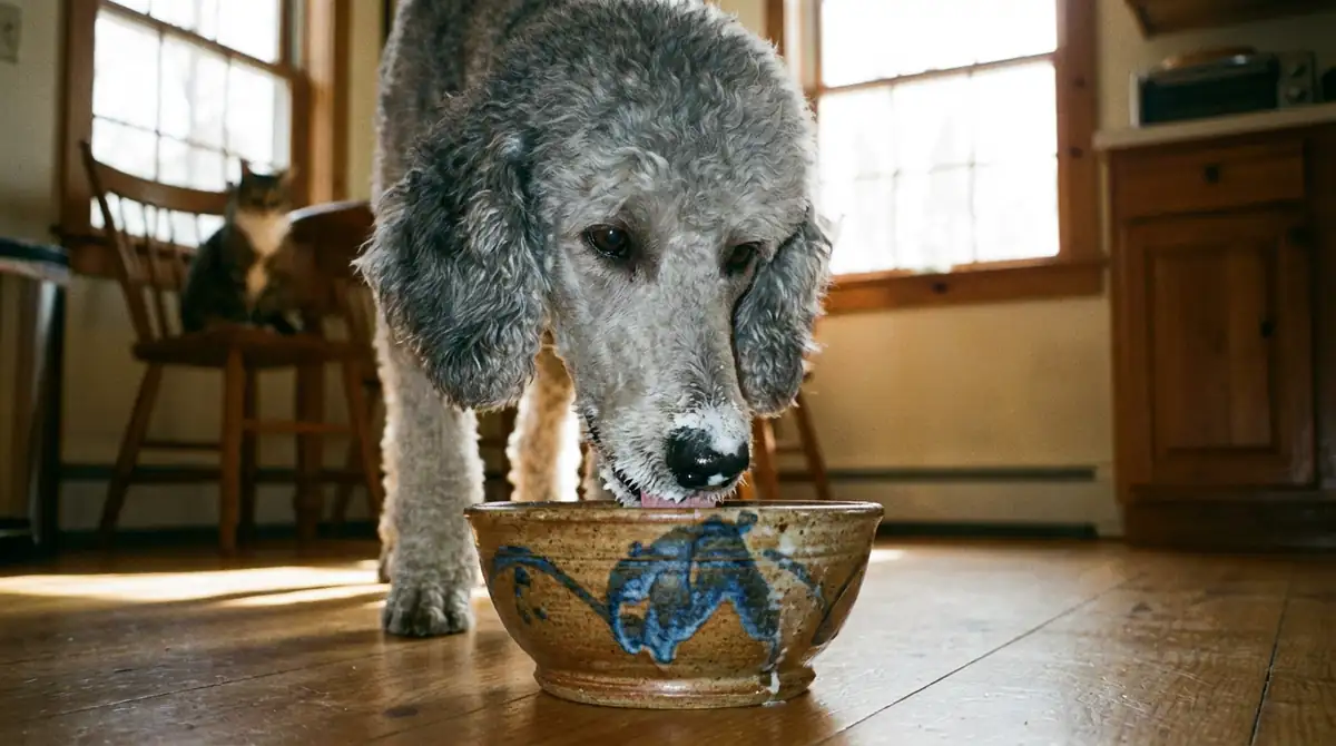 Стандартный серебряный пудель пьет молоко из керамической миски