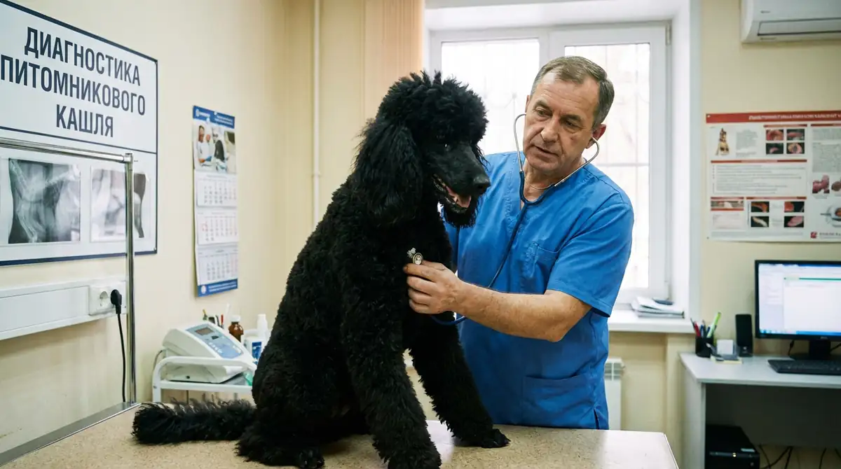 Королевский черный пудель на осмотре у ветеринара - диагностика питомникового кашля