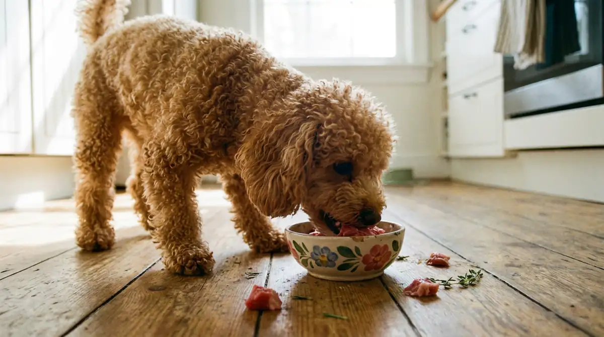 Абрикосовый карликовый пудель ест мясо из маленькой керамической миски