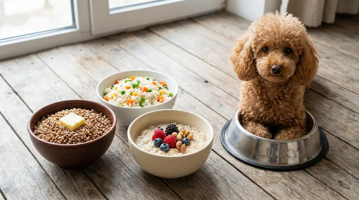 Три миски с гречкой, рисом и овсяной крупой рядом с миской пуделя