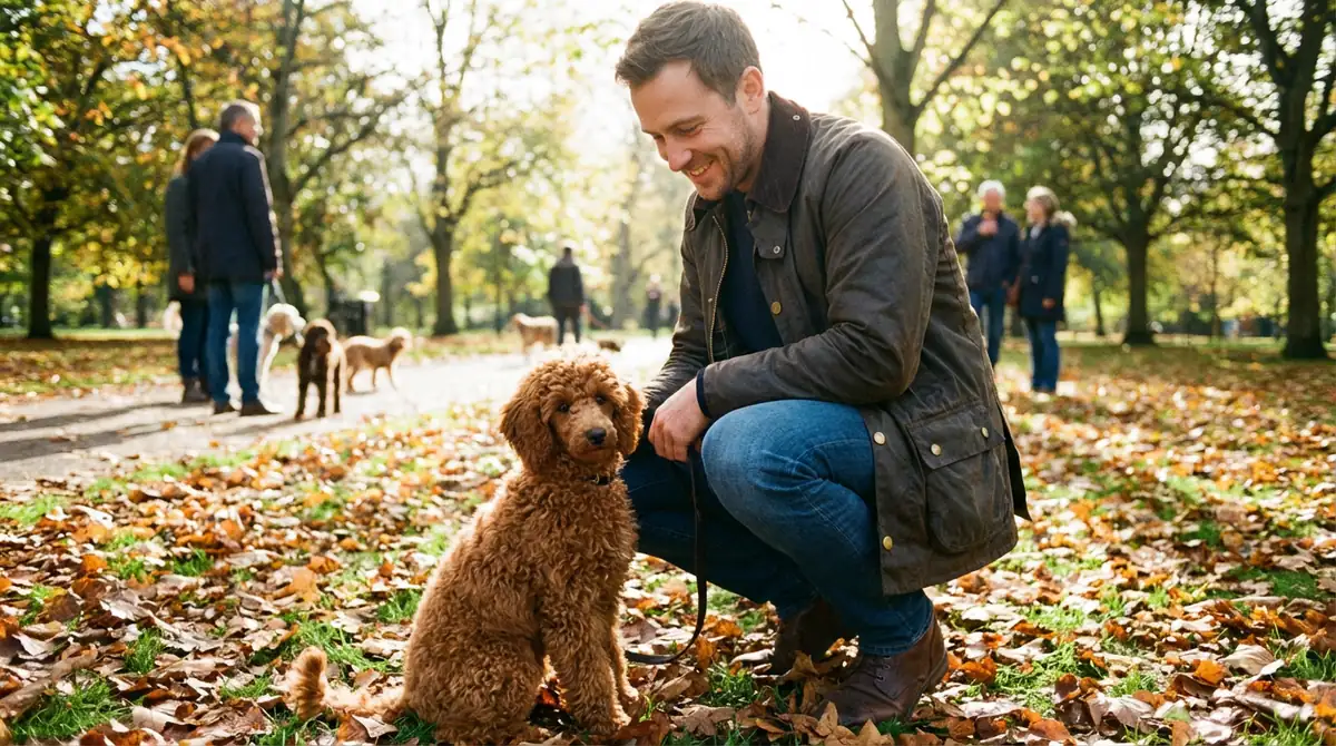 Абрикосовый щенок пуделя сидит по команде рядом с хозяином на прогулке